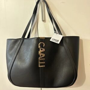 Cavalli Class Black Tote Bag with Gold Accents